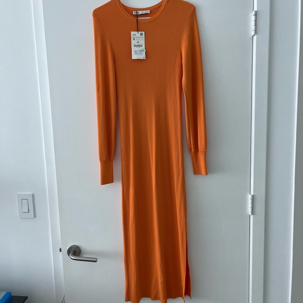 Zara Orange Ribbed Midi Dress, M